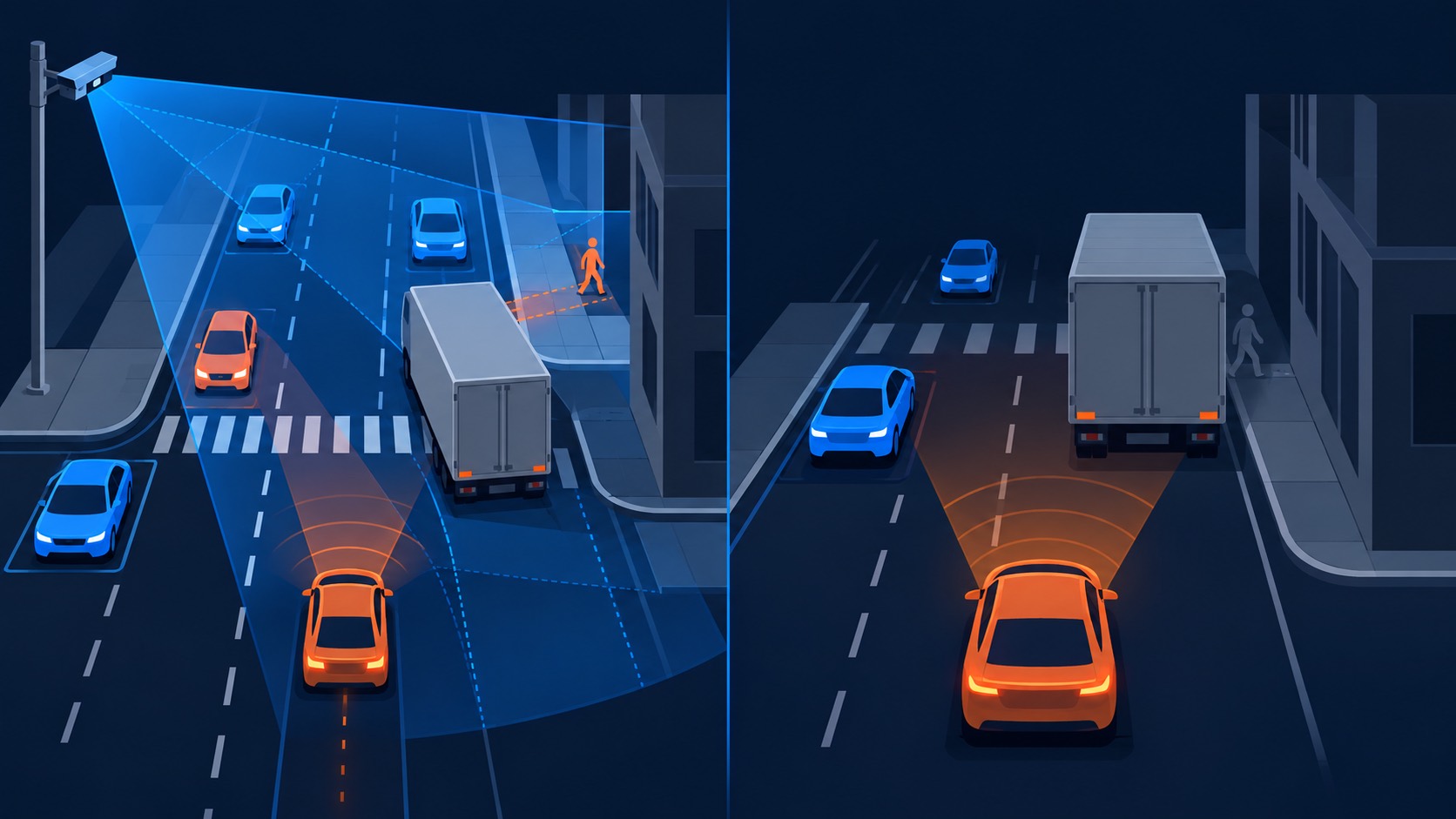 Concept illustration comparing an elevated roadside sensor view with a vehicle view blocked by a truck.